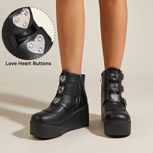 🆕 Platform Chunky Ankle Boots - Women Black Polyurethane Rave Goth Booties - Picture 9 of 10